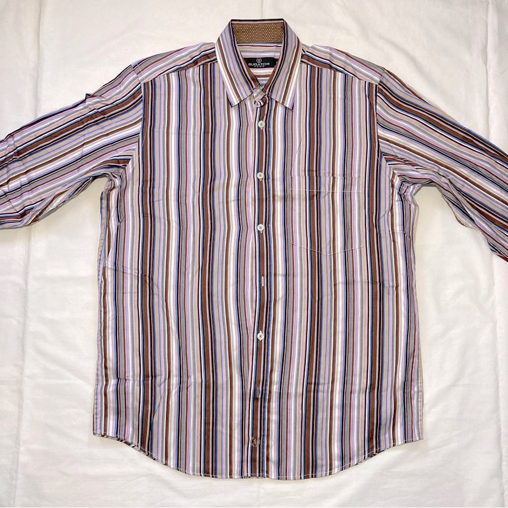 Bugatchi Uomo Mens Dress Shirt Medium Size 15 32/33 Brown Purple Pink Striped